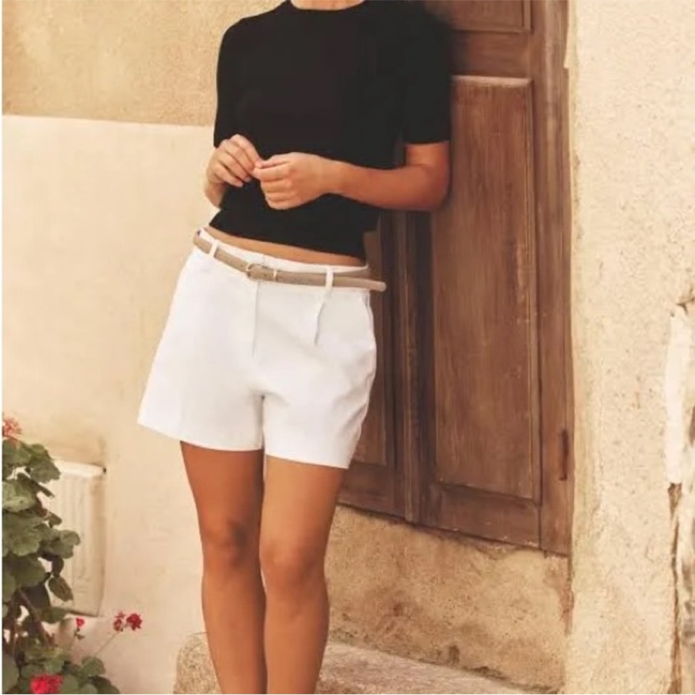 Zara White High-Waist Tailored Shorts with Tan Belt